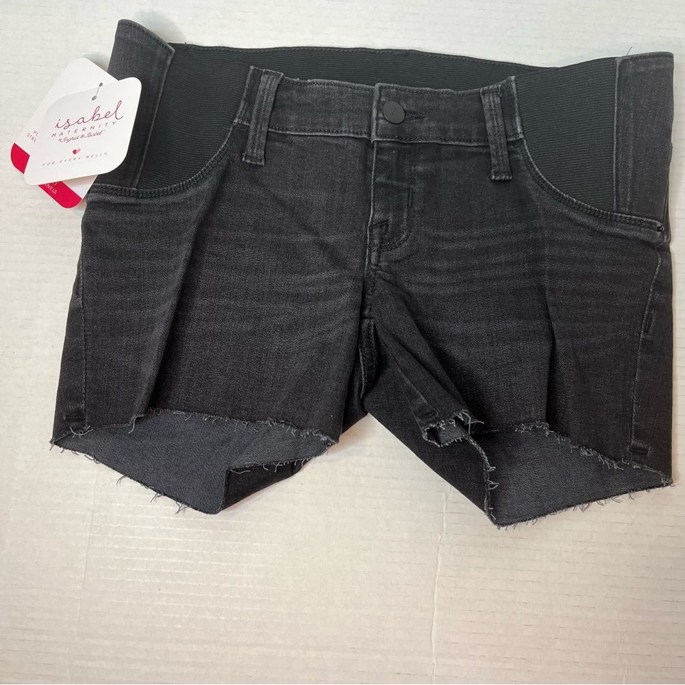 Isabel Maternity Side Inset Panel Black Midi Jean Raw Hem Shorts Size 00/24 New!